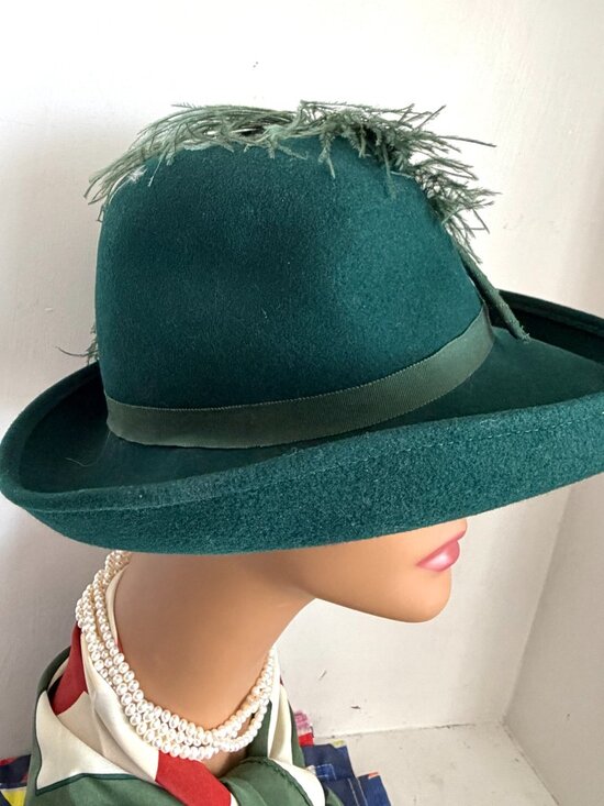 Vintage 1940s USA Bollman Victorian Plume Feather Bowler Fedora Forest Green Hat main image 5